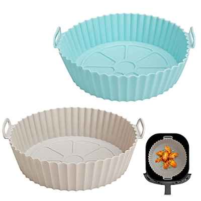 2 Piezas Olla de Silicona para Freidora de Aire, 7,9 Pulgadas Silicona Freidora Aire Reutilizables Antiadherentes Accesorios Airfryer, para Freidora de Aire, Horno Microondas, Horno (gris + azul)