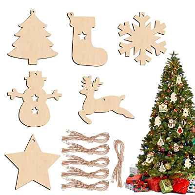 60 Piezas De Madera Adornos De Navidad, Navidad Adornos árbol de Fiesta decoración con Cuerda, Navidad Adornos árbol Decoración, Adornos de Madera de Navidad, DIY Adornos de árbol de Navidad Colgante