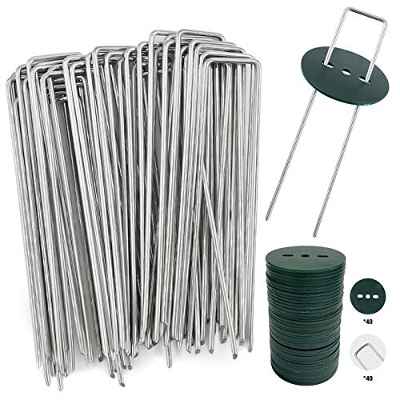 AGAKY 40 Grapas de Jardín con 40 Arandelas, Piquetas de Acero Pare Césped Artificial y Malla Antihierbas - 150 mm de Largo, 25 mm de Ancho, 2,8 mm de Diámetro
