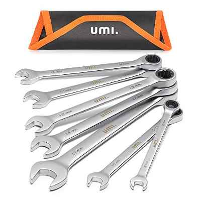 Amazon Brand - Umi 7PC Juego de Llaves de Trinquete Combinadas, con Bolsa de Almacenamiento, de 8, 10, 11, 12, 13, 14, 17 mm, Métricas, de Acero al Cromo Vanadio, Ruedas de Trinquete de 72 Dientes