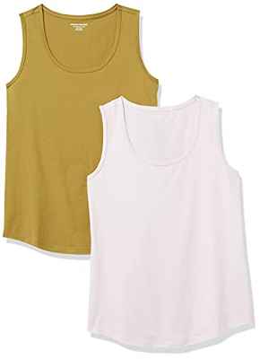 Amazon Essentials Camiseta sin Mangas de Corte Clásico 100 % Algodón Mujer, Pack de 2, Verde Oliva/Lila, XS