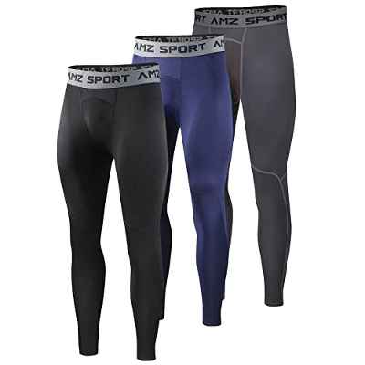 AMZSPORT Pantalones de Compresion Hombre Legging Mallas Deportivas para Correr, Negro & Negro Gris & Azul, M