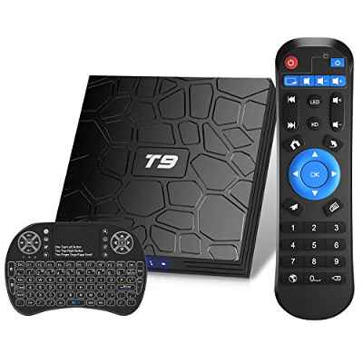 Android TV Box, T9 Android 9.0 TV Box con Mini Teclado inalámbrico 4GB RAM 32GB ROM RK3318 Bluetooth 4.0 Procesador Quad-Core Cortex-A53 2.4/5.0GHz WiFi Compatible con 4k2k Ultra H.265 Smart TV Box