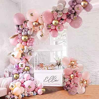 Arco de Globos Kit de Guirnalda, Rosa Violeta Morados Albaricoque gris Látex Globos Dorado Metálicos Mariposa Arco para Comunion Cumpleaños Niñas Baby Shower Bodas Aniversario Decoraciones