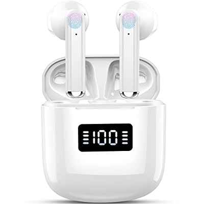 Auriculares Inalámbricos, Auriculares Bluetooth 5.3 con 4 Micrófonos, 2022 In Ear Auriculares Inalambricos Deportivos con Pantalla LCD, 25H Cascos Inalambricos Deporte con HiFi Stereo, USB-C, Blanco