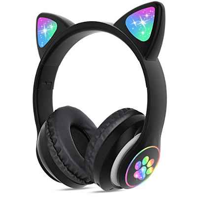 Auriculares para Niños Inalámbricos con Luz LED, Auriculares de Diademacon Orejas de Gato para Niñas, Bluetooth Plegables Auriculares con Micrófono, Micro SD para TV Regalo para Cumpleaños/Navidad