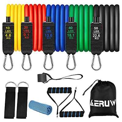 Bandas Elásticas - 12pcs Látex Conjunto Bandas de Resistencia, Elasticas de Fitness Manijas/Correa de Tobillo/Ancla de Puerta/Bolsa/Toalla Adecuado para Gimnasio en Casa Yoga (150LBS)