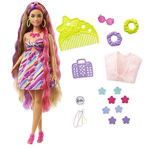 Barbie Totally Hair Pelo extralargo Flor Muñeca Morena Curvy con Vestido y Accesorios de Flores para el Pelo