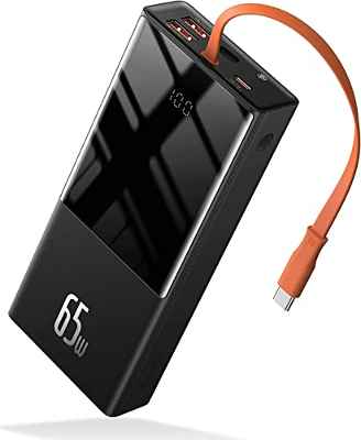 Baseus Power Bank 20000 mAh, Powerbank Laptop con cable PD de 65 W incorporado, USB C Quick Charge Cargador de batería externo con cable tipo C y pantalla LED para iPhone iPad, Samsung, Huawei Dell