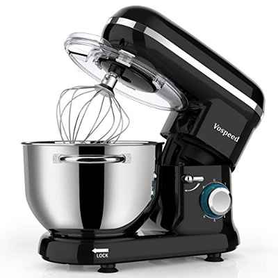 Batidora Amasadora Vospeed 1500W, Amasadora de Pan Para Repostería 6L, Bol de Acero Inoxidable, Varillas Batidoras, Varillas Amasadoras (negro)