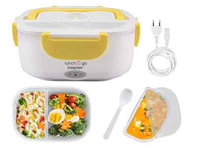 BEPER Lunch & Go Calentador de Comida eléctrico portátil, 2 contenedores extraíbles, Plancha calefactora de Acero, Cubiertos de plástico incluidos, 220 V, 40 W, Amarillo