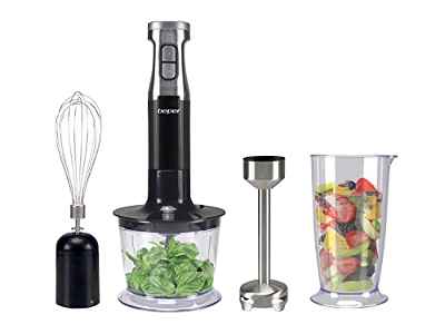 BEPER ‎P102FRU150 Set Batidora de inmersión 4en1,600W, Batidora 4 Cuchillas Acero, Picadora 500 ml, Látigo, Vaso graduado 700 ml, Función turbo, Negro