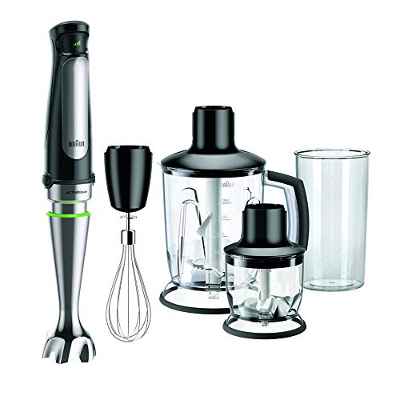 Braun Minipimer 7 MQ7045X - Batidora de Mano de 1000W, Minipicadora de 350ml, Batidora de Vaso de 1.25 l, Varillas, Vaso de 600ml, Splash Control, Velocidad Automática, Tecnología ActiveBlade