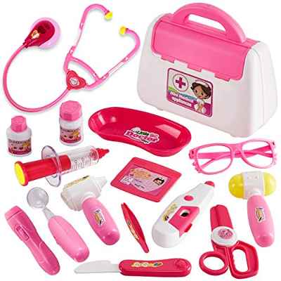 Buyger 16 Piezas Maletin Medicos Juguete Conjunto Doctora Enfermera Dentista Kit Juguetes Estetoscopio Accesorios para Niña Niños 3 4 5 Años (Rosa)