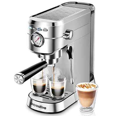 Cafetera Express Steel para espressos y cappuccinos, 20 Bares de Presión cafetera barista, Brazo portafiltros con Doble Salida y Dos filtros,Depósito extraíble de 1 L, 1350W, Acero