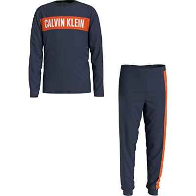 Calvin Klein Knit PJ Set (LS & Cuffed Pant) Juego de Pijama, Navyiris/W/Navyiris, 12-14 Years para Niños