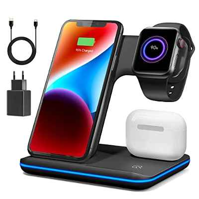 Cargador inalámbrico 3 en 1 para iPhone y Apple Watch, Estación de Carga con Adaptador QC 3.0, Qi Cargador Inalámbrico Rápido con iPhone 13/12/11/X/8 Wireless Charger para iWatch SE/7/5/4/3/2 Airpods