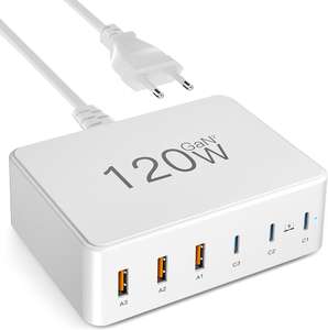 Cargador USB C, 120W GAN de 6 Puertos, Estación de Carga Rápida con 3 USB-C y 3 USB-A PD QC 3.0, Compatible con MacBook Pro/Ai...