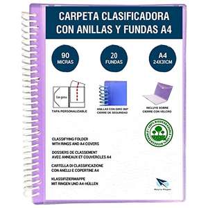 Carpeta clasificadora con anillas con fundas transparentes A4 de 90 micras y sobre con cierre de velcro, tapa personalizable.