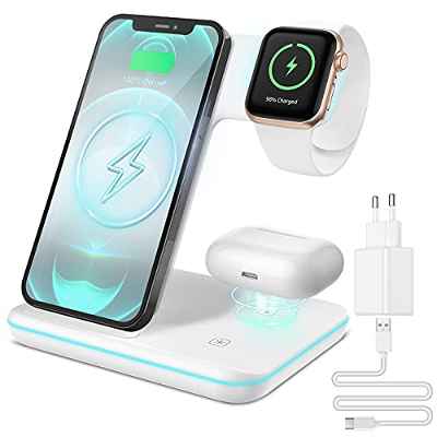 CAVN Cargador inalámbrico 3 en 1, Compatible con Apple Watch & AirPods, Cargador Inalambrico Qi Cargador Rápida Compatible con iPhone 13/12/11 Pro/XR/XS/X/8, iWatch Series SE/7/6/5/4/3