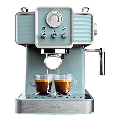 Cecotec Cafetera Express Power Espresso 20 Tradizionale Light Blue. 1350 W, Espresso y Cappucicno, 20 Bares y Thermoblock, Vaporizador, Manómetro, Diseño Vintage, Capacidad 1,5 Litros