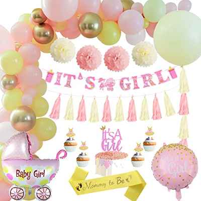 Decoraciones baby shower para niñas, globos amarillos macaron globos rosas macaron pancarta baby shower Mommy to Be sash globos amarillos rosas pastel globos blancos globos oro metálicos