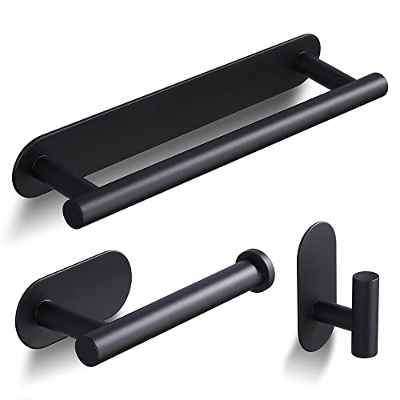 Deprik Toallero + Portarrollos para Papel + Gancho Adhesivo, Negro 3 Piezas Juegos de Accesorios de Baño (sin Taladrar), Acero Inoxidable