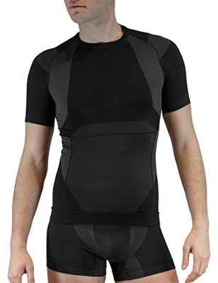 FarmaMed Ecodrytech Camiseta Hombre, Trabajo, Deporte, Aire Libre, Fitness, Seamless, Antibacteriano, Antiolor, 100% Made in Italy, Color Negro, Talla M-L