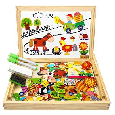 Flyfun Puzzles Rompecabezas Magnéticos de Madera Juguete Educativo Tablero de Dibujo de Doble Cara para Niños Niña 3 Años 4 Años 5 Años - Acerca de 100 Piezas (Granja)