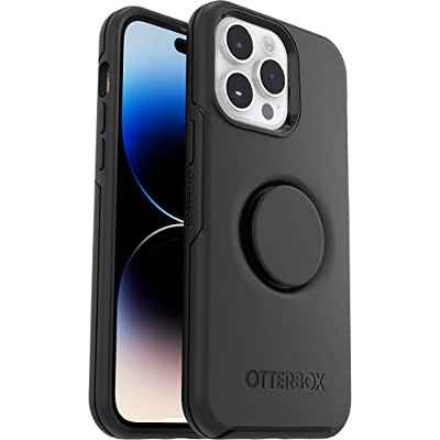 Funda para iPhone 14 Pro Max OtterBox Otter+Pop, resistente a golpes y caídas, con PopSockets PopGrip,Testada 3x estándares Militares anticaídas, Antimicrobiana, Negro