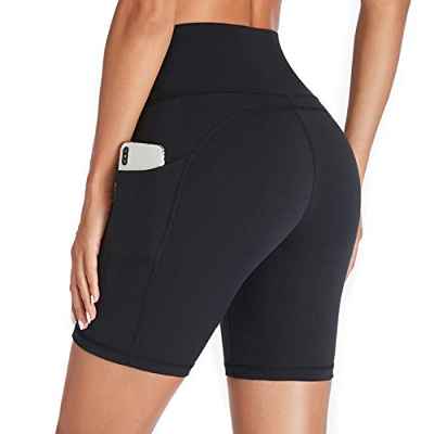 GIMDUMASA Pantalones Cortos Deporte Mujer Cintura Alta Shorts Leggins Pantalones Cortos de Yoga para Correr Gym Fitness Mallas Deportivos con Bolsillos Laterales GI371(Negro,XL)