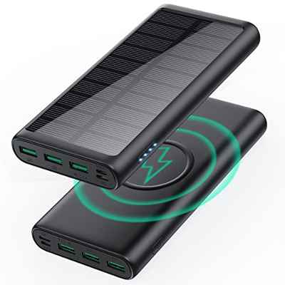 HETTP Batería Externa 30800mAh Power Bank USB C con [PD 25W Dual QC4.0 Carga Rápida, Qi 15W Carga Inalámbrico] Bateria Portátil con 5 Salidas IP65 Cargador Solar para iPhone 12 13 11Pro Samsung Huawei