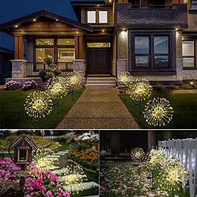 Honche 2 Pack Luces de jardín al aire libre Luz de fuegos artificiales solares Bengalas LED Lámpara blanca cálida para fiesta Boda Jardín Camino Navidad Parque Decoración