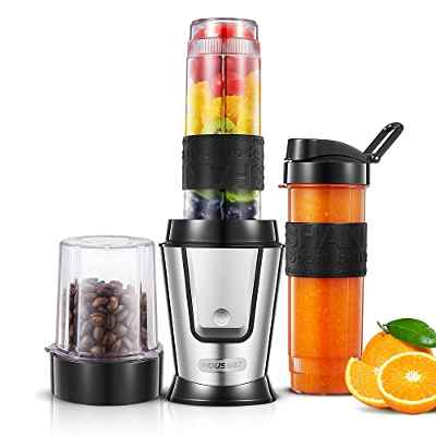 HOUSNAT Batidora de vaso individual 3 en 1, Batidora Smoothie Multifunción con molinillo de café 280ml y 2 Portátil Botellas deportivas 570ml , Acero inoxidable, Apta para lavavajillas, 500W