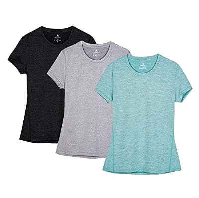 icyzone Camiseta de Fitness de Manga Corta para Mujer, Pack de 3 (M, Negro/Granito/Verde)