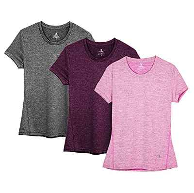 icyzone Camiseta de Fitness de Manga Corta para Mujer, Pack de 3 (S, Carboncillo/Jam/Rosado)