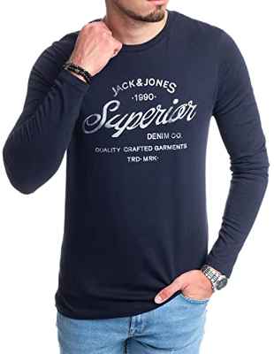 Jack & Jones Camiseta de Manga Larga para Hombre Cuello Redondo, Corte Regular (A-jj-long-NavyBlazerOpt3-L)