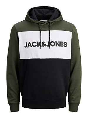 Jack & Jones Men Warm Print Hoodie | Logo Sweater Basic Pullover | Hooded Sweatshirt JJELOGO, Color:Verde, Talla Sudadera:L