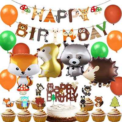 JOYMEMO Decoración de cumpleaños de Woodland para niños, animales del bosque, globo de criatura del bosque, erizo, zorro, pancarta de feliz cumpleaños, adornos para tartas de baby shower