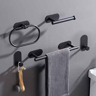 Juego de Accesorios de Baño de Acero Inoxidable Negro Mate de 5 -Pezas | Barra y Anillo de Toalla, Ganchos de Toalla, Portarrollos para Papel Higiénico | Autoadhesivo 3M, No Requiere Perforación