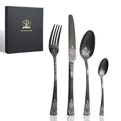 Juego de Cubiertos para Regalo, Funnydin Cuberteria con Caja de Regalo Premium, Cubiertos Acero Inoxidable de 24 Piezas para 6 Personas, Set Cubiertos con Tenedor, Cuchillo, Cuchara (Negro Elegante)