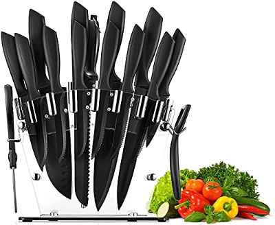 Juego de Cuchillos de Cocina, Cuchillos Cocina 16 Piezas Set , Negro BO Oxidación Acero Inoxidable de Alto Carbono - Súper Afilado, Antioxidante y Anticorrosión, con Soporte Acrílico