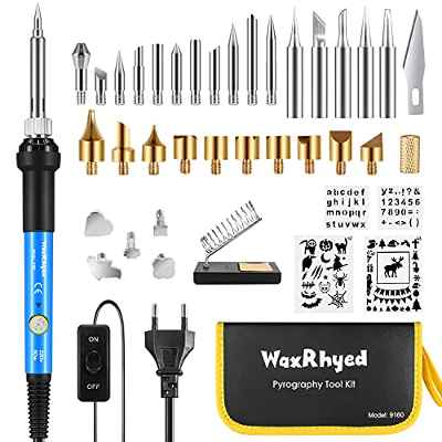 Kit Pirograbador de Madera 39 in 1 WaxRhyed, 60W,Temperatura Regulable(200-450℃), 33 Puntas y Accesorios,Soldador Pirografo Electrico Profesional Herramientas Para Manualidades Madera,Cuero,Grabado