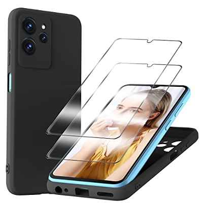 KJYLPO Compatible con Funda para OUKITEL C32 con 2 Vidrio Cristal Templado, Suave TPU Silicona Gel Suave Funda Case Cover Robusta- Negro