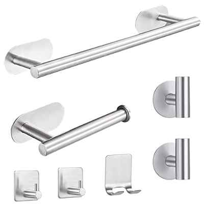 Laimew Juego de Toallero de Baño, 7 PCS Toalleros de Baño sin Taladro, Toallero Accesorios Baño Acero Inoxidable, Contiene Toallero Adhesivo, Portarrollos para Papel, Gancho para Toallas, Gancho Pared