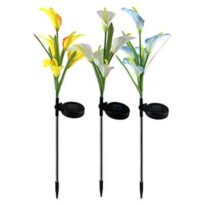 Lámparas solares para jardín, luz de jardín al aire libre con 15 Calla Lily decorativas multicolor que cambian de luz solar para patio, césped(3 unidades de color blanco, lila y amarillo)