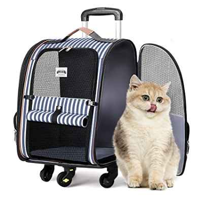 Lekespring Transportin Gato con Ruedas y Varilla Telescópica | Mochila Perro Transpirable y Impermeable - Transportin Perro con Arnés Interno - Mochila Gato Carga Máxima 8kg - Maleta Trolley Rayas