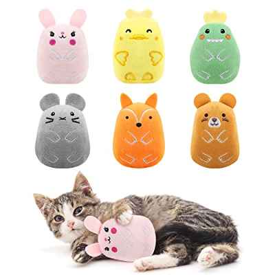 Lewondr Juguetes con Hierba Gatera para Gatos, 6 Piezas Juguete Interativo Peluche con Sonidos, Lindo Dibujos Animados para Masticar Jugar, Limpieza de Dientes, Resistente a Mordeduras, Multicolor