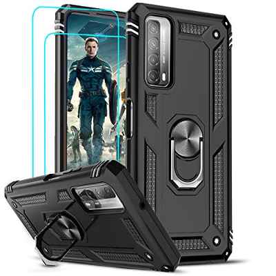 LeYi Funda Huawei P Smart 2021 con [2-Unidades] Cristal Vidrio Templado,Armor Carcasa con 360 Grados Anillo iman Soporte Hard PC y Silicona TPU Bumper Antigolpes Case para Movil P Smart 2021,Negro