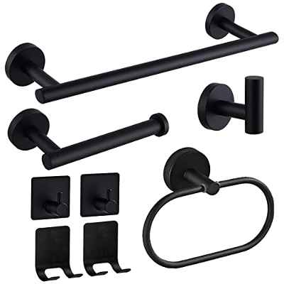 Linyoish 8 Piezas Juego baño Accesorios Acero Inoxidable Toallero,Sujetador Papel de baño,Anillo de Toalla,Gancho para Bata ,Ganchos Adhesivos,Soportes Adhesivos para maquinillas de Afeitar (Negro)